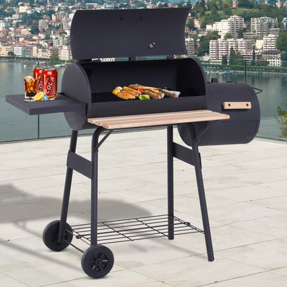 3-in-1 Charcoal Barbecue Smoker Charcoal Grill BBQ 124x53x104 cm with Thermometer and Wheels Wood Shelves Picnic Camping Outdoor