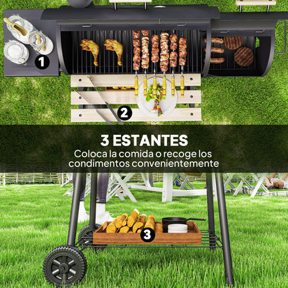 3-in-1 Charcoal Barbecue Smoker Charcoal Grill BBQ 124x53x104 cm with Thermometer and Wheels Wood Shelves Picnic Camping Outdoor