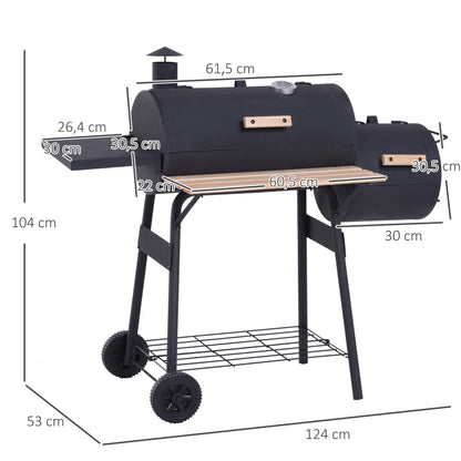 3-in-1 Charcoal Barbecue Smoker Charcoal Grill BBQ 124x53x104 cm with Thermometer and Wheels Wood Shelves Picnic Camping Outdoor