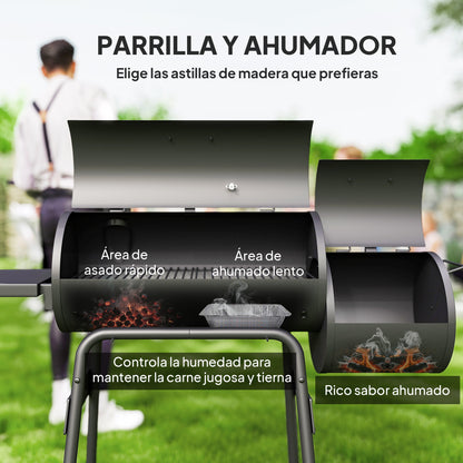 3-in-1 Charcoal Barbecue Smoker Charcoal Grill BBQ 124x53x104 cm with Thermometer and Wheels Wood Shelves Picnic Camping Outdoor