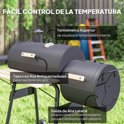 3-in-1 Charcoal Barbecue Smoker Charcoal Grill BBQ 124x53x104 cm with Thermometer and Wheels Wood Shelves Picnic Camping Outdoor