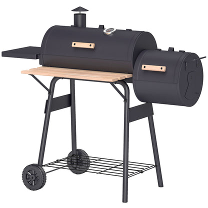 3-in-1 Charcoal Barbecue Smoker Charcoal Grill BBQ 124x53x104 cm with Thermometer and Wheels Wood Shelves Picnic Camping Outdoor