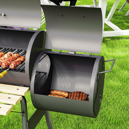 3-in-1 Charcoal Barbecue Smoker Charcoal Grill BBQ 124x53x104 cm with Thermometer and Wheels Wood Shelves Picnic Camping Outdoor