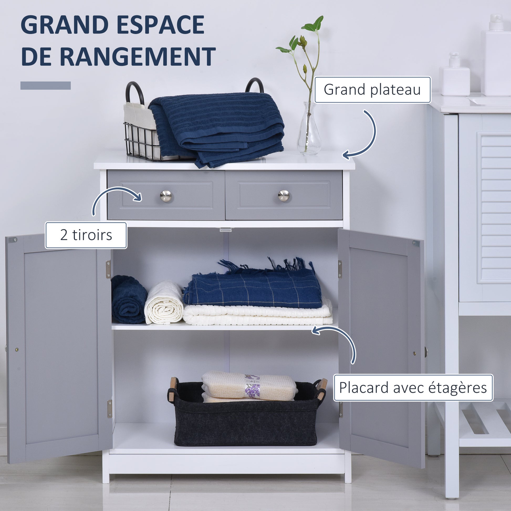 Storage Cabinet, Bathroom Cabinet, Cupboard with 2 Doors 2 Drawers - 60 x 30 x 75 cm - Gray and White