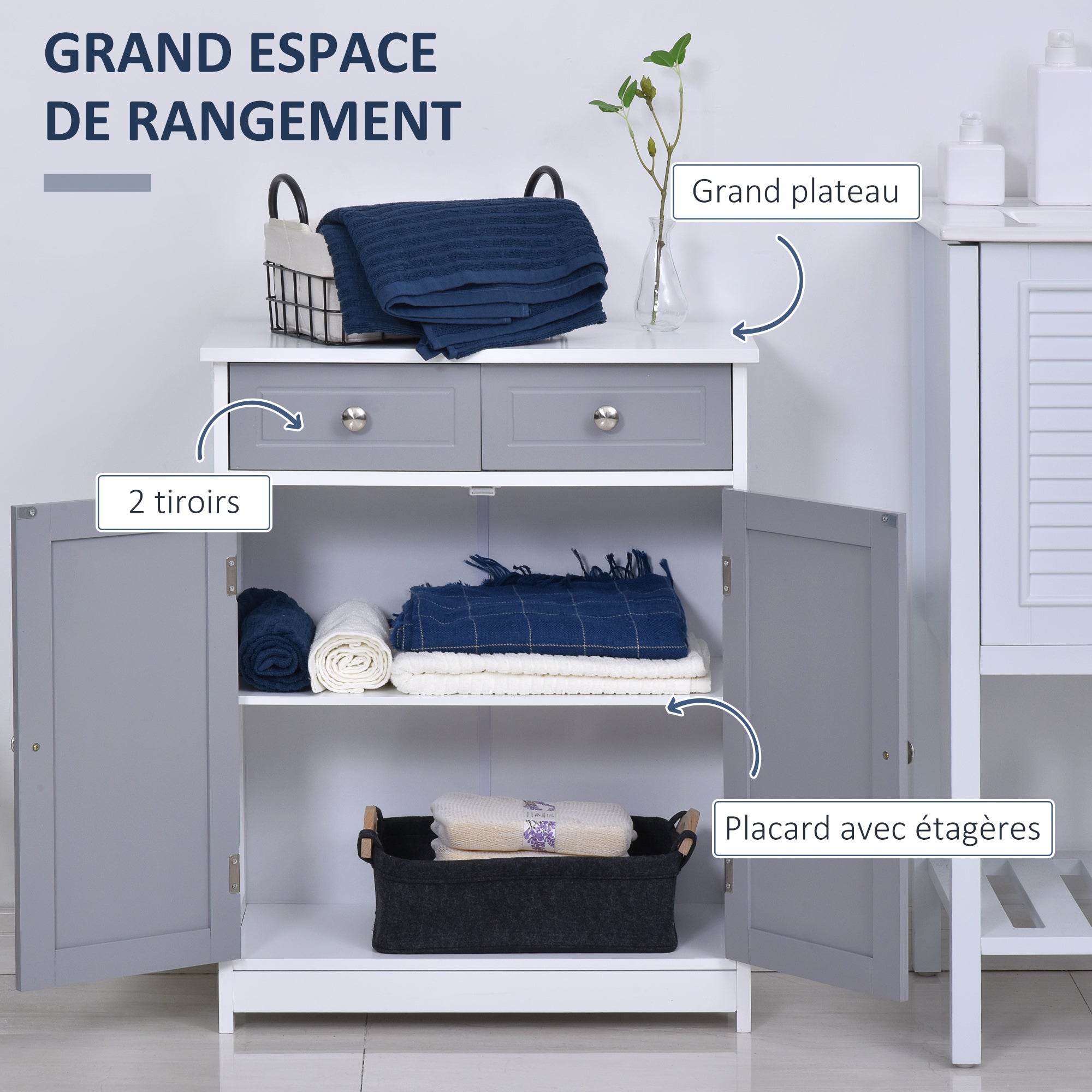Storage Cabinet, Bathroom Cabinet, Cupboard with 2 Doors 2 Drawers - 60 x 30 x 75 cm - Gray and White