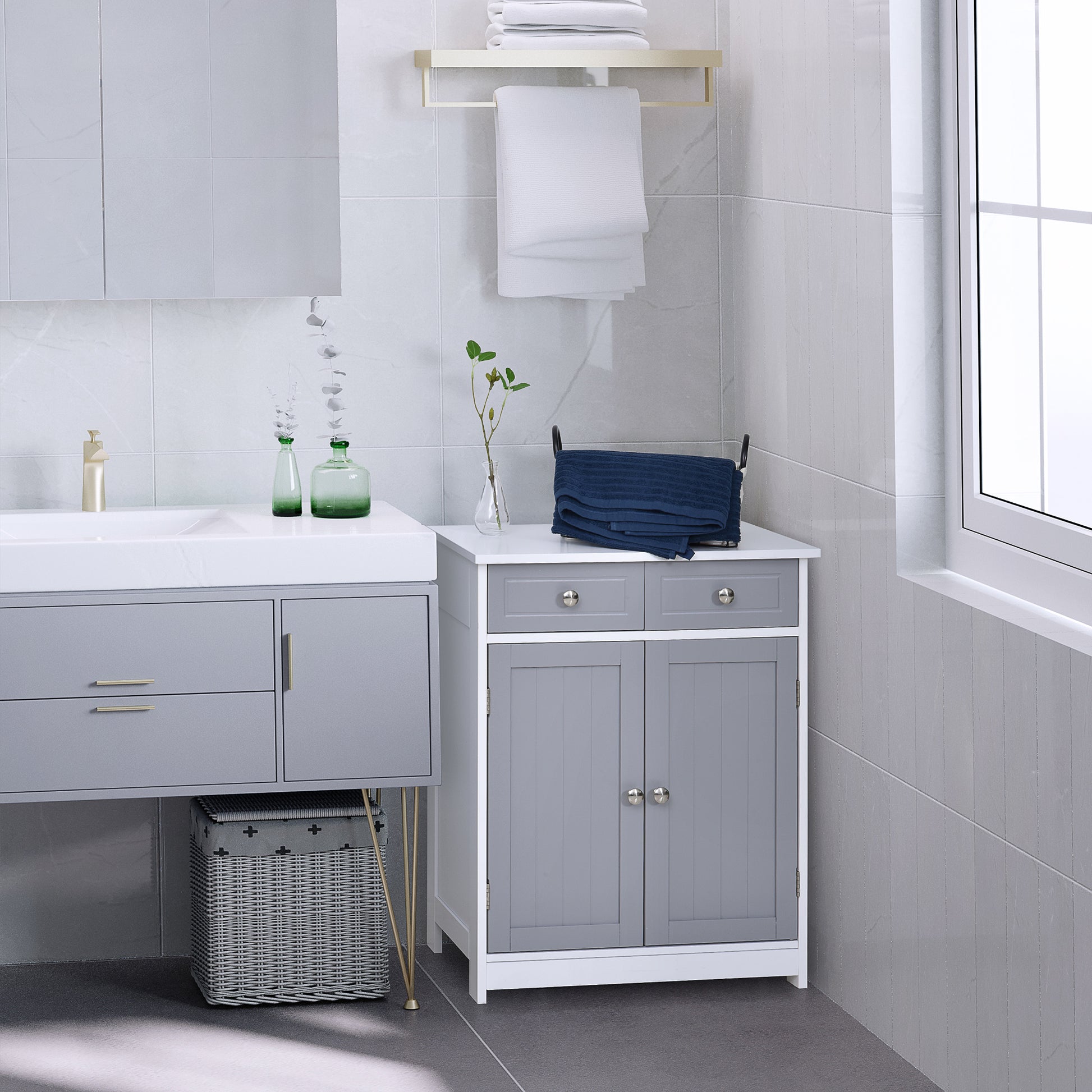 Storage Cabinet, Bathroom Cabinet, Cupboard with 2 Doors 2 Drawers - 60 x 30 x 75 cm - Gray and White