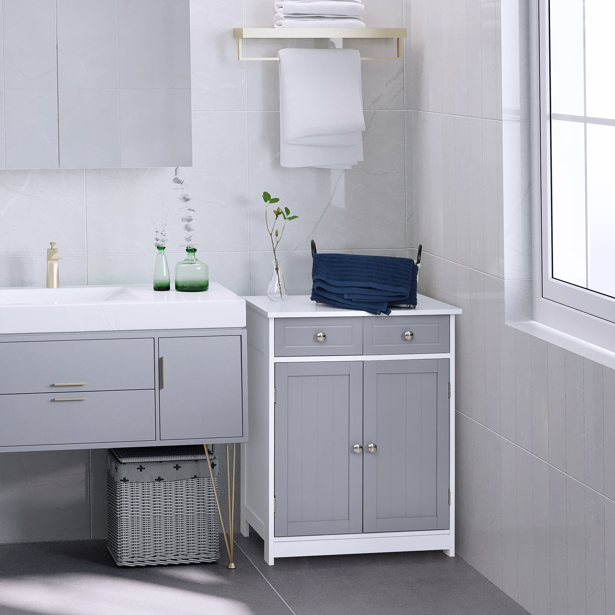Storage Cabinet, Bathroom Cabinet, Cupboard with 2 Doors 2 Drawers - 60 x 30 x 75 cm - Gray and White