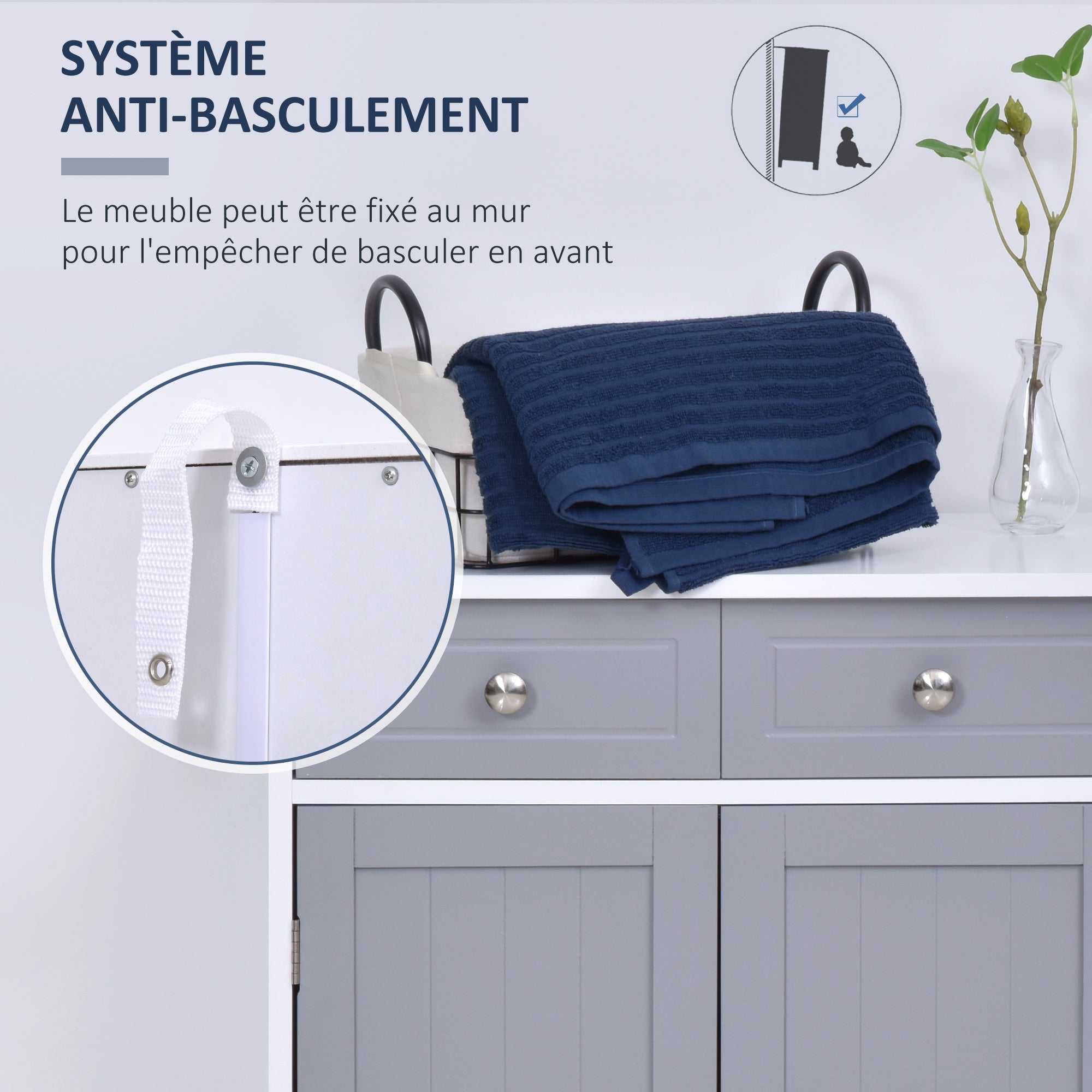 Storage Cabinet, Bathroom Cabinet, Cupboard with 2 Doors 2 Drawers - 60 x 30 x 75 cm - Gray and White