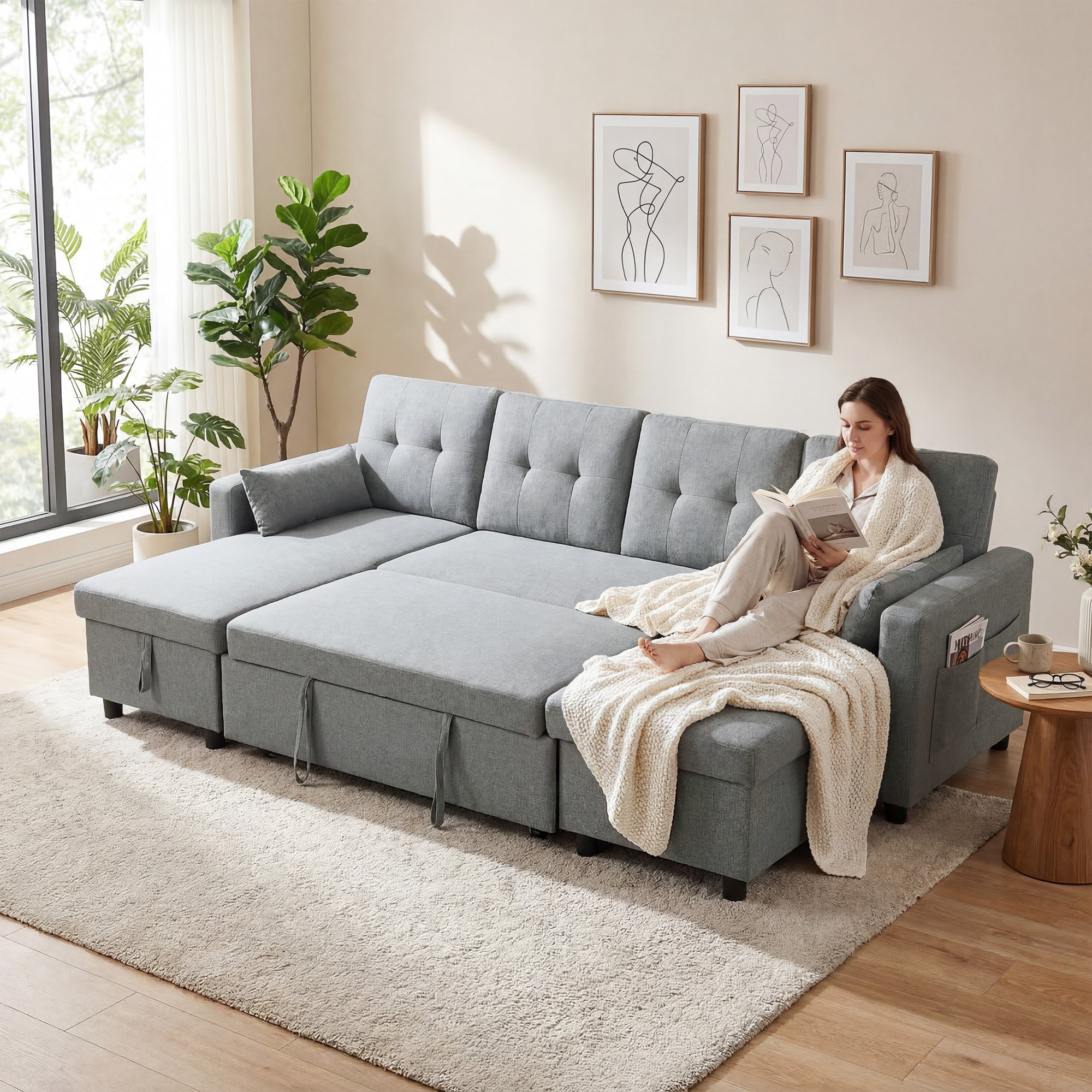 U-Shaped 4-Seater Sectional Sofa Bed with Storage — 3-in-1 Convertible Couch with Chaise, Adjustable Backrests, Linen-Look, Gray