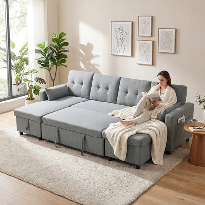U-Shaped 4-Seater Sectional Sofa Bed with Storage — 3-in-1 Convertible Couch with Chaise, Adjustable Backrests, Linen-Look, Gray