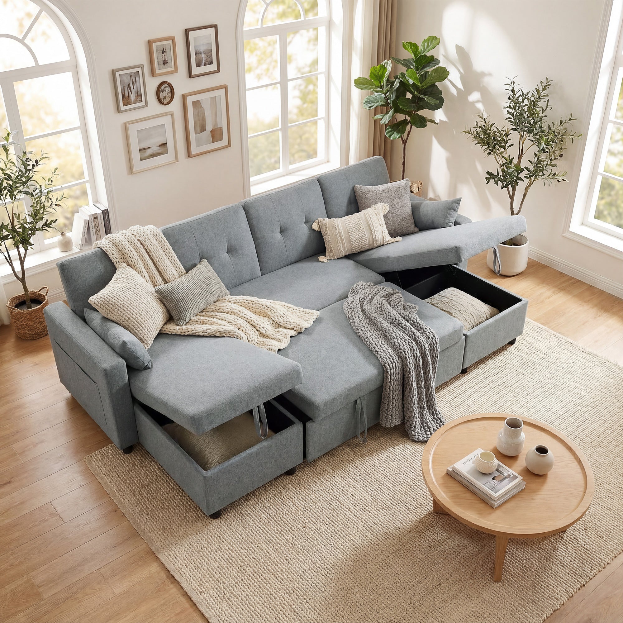 U-Shaped 4-Seater Sectional Sofa Bed with Storage — 3-in-1 Convertible Couch with Chaise, Adjustable Backrests, Linen-Look, Gray