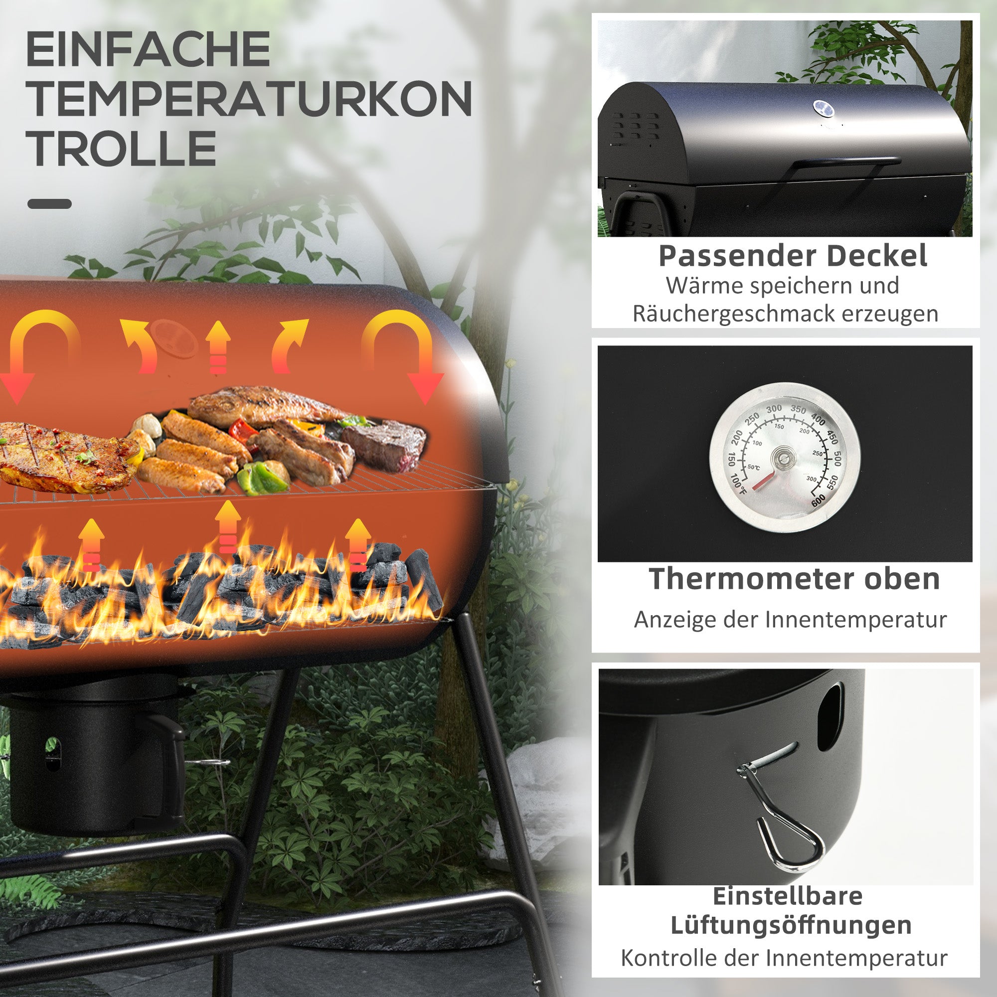 Metal Charcoal Grill BBQ Smoker with Lid Thermometer Adjustable Charcoal Pan Handle, Portable Grill Cart Charcoal Grill for Barbecue Camping, Patio, 95x71.5x102 cm