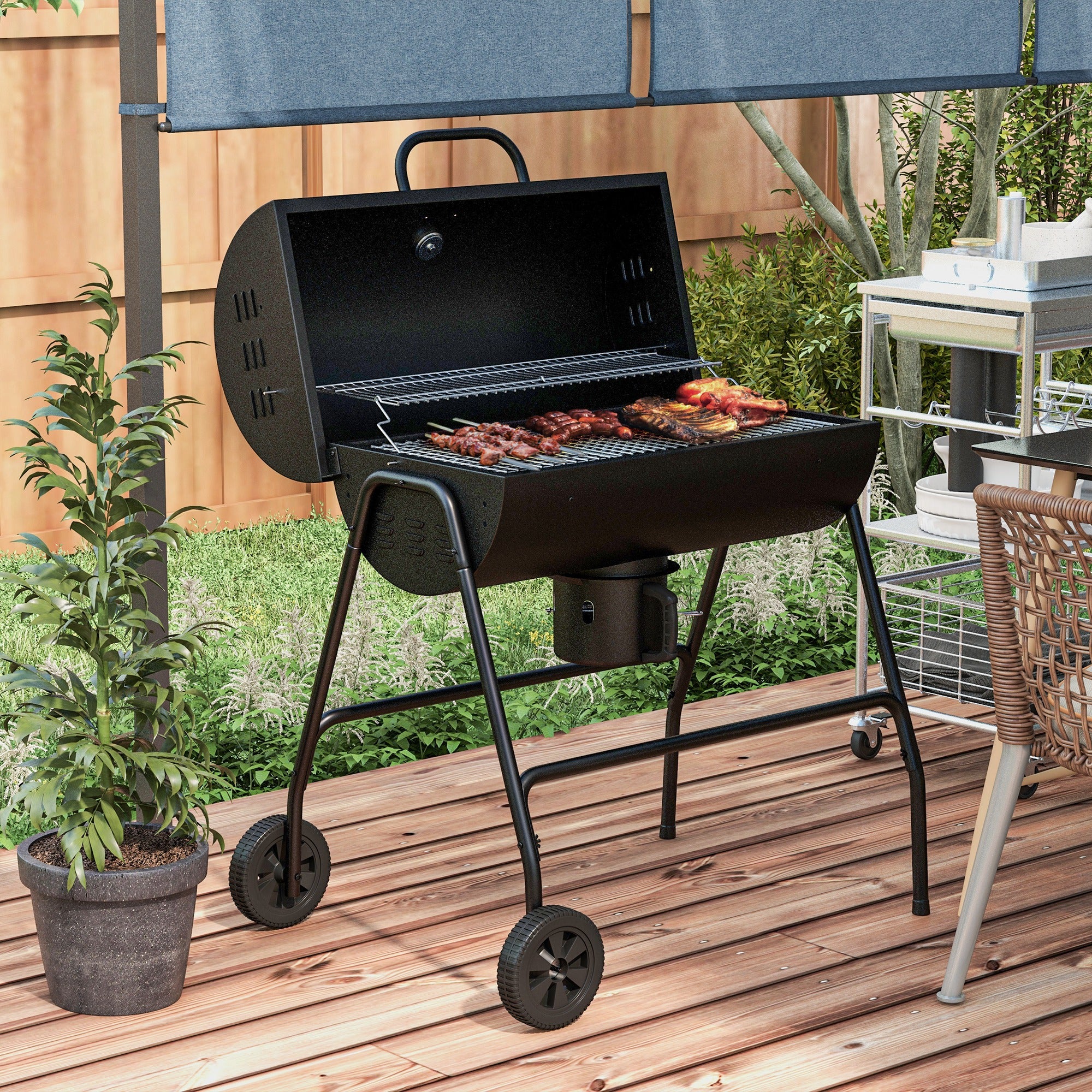 Metal Charcoal Grill BBQ Smoker with Lid Thermometer Adjustable Charcoal Pan Handle, Portable Grill Cart Charcoal Grill for Barbecue Camping, Patio, 95x71.5x102 cm