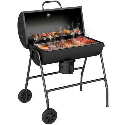 Metal Charcoal Grill BBQ Smoker with Lid Thermometer Adjustable Charcoal Pan Handle, Portable Grill Cart Charcoal Grill for Barbecue Camping, Patio, 95x71.5x102 cm