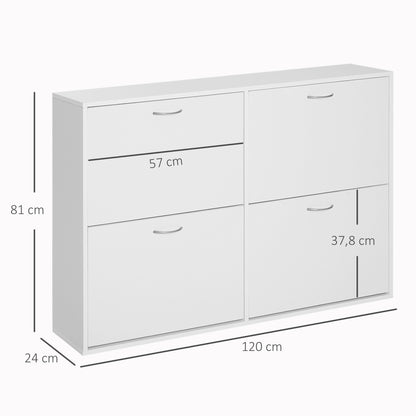 White Shoe Cabinet Modern Shoe Organizer with 4 Fold-Down Drawers and Adjustable Shelves for 16-24 Pairs of Shoes for Hallway Entryway 120x24x81 cm