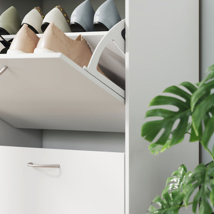 White Shoe Cabinet Modern Shoe Organizer with 4 Fold-Down Drawers and Adjustable Shelves for 16-24 Pairs of Shoes for Hallway Entryway 120x24x81 cm