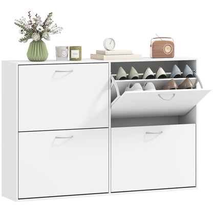 White Shoe Cabinet Modern Shoe Organizer with 4 Fold-Down Drawers and Adjustable Shelves for 16-24 Pairs of Shoes for Hallway Entryway 120x24x81 cm