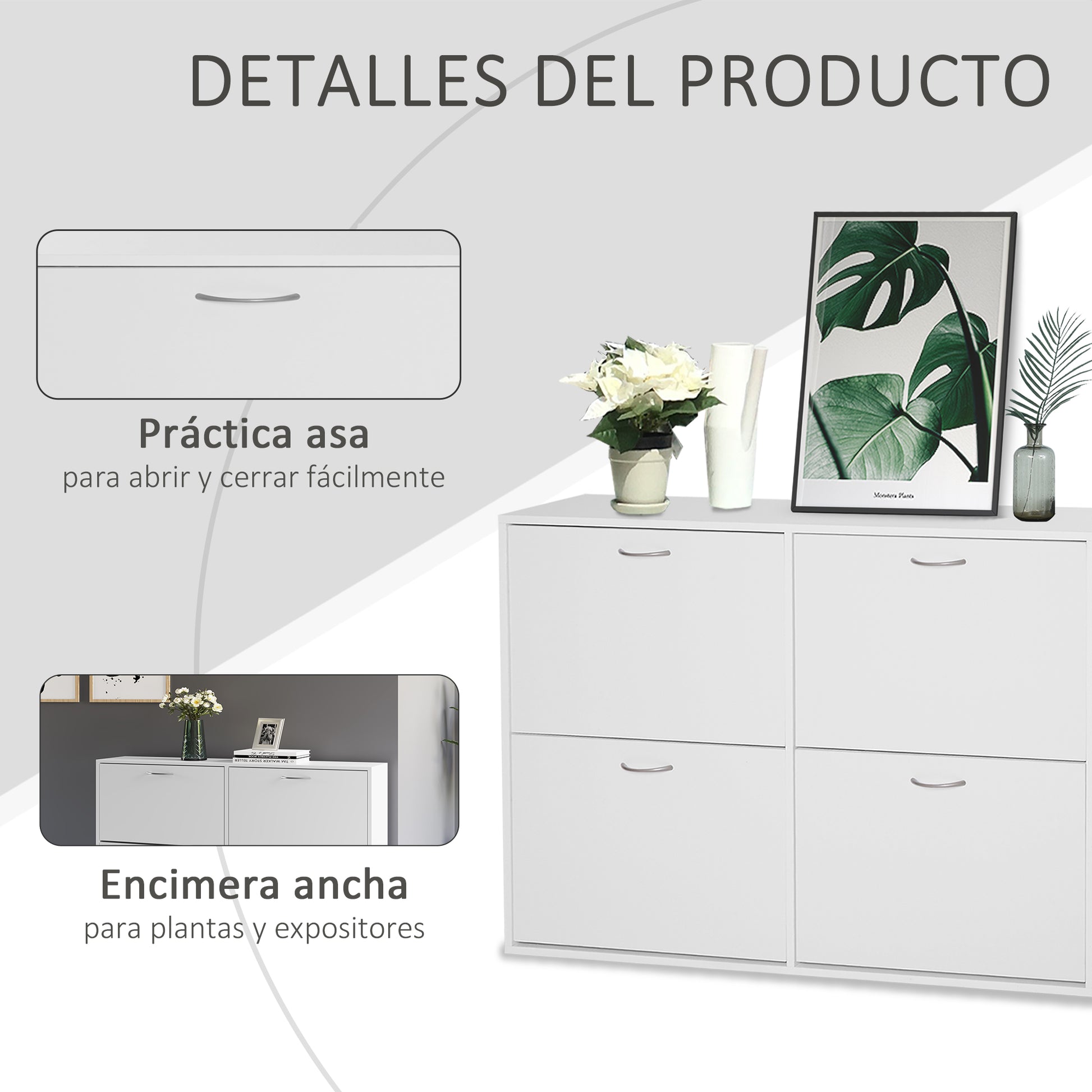 White Shoe Cabinet Modern Shoe Organizer with 4 Fold-Down Drawers and Adjustable Shelves for 16-24 Pairs of Shoes for Hallway Entryway 120x24x81 cm