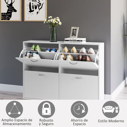 White Shoe Cabinet Modern Shoe Organizer with 4 Fold-Down Drawers and Adjustable Shelves for 16-24 Pairs of Shoes for Hallway Entryway 120x24x81 cm