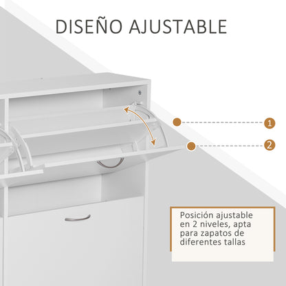 White Shoe Cabinet Modern Shoe Organizer with 4 Fold-Down Drawers and Adjustable Shelves for 16-24 Pairs of Shoes for Hallway Entryway 120x24x81 cm