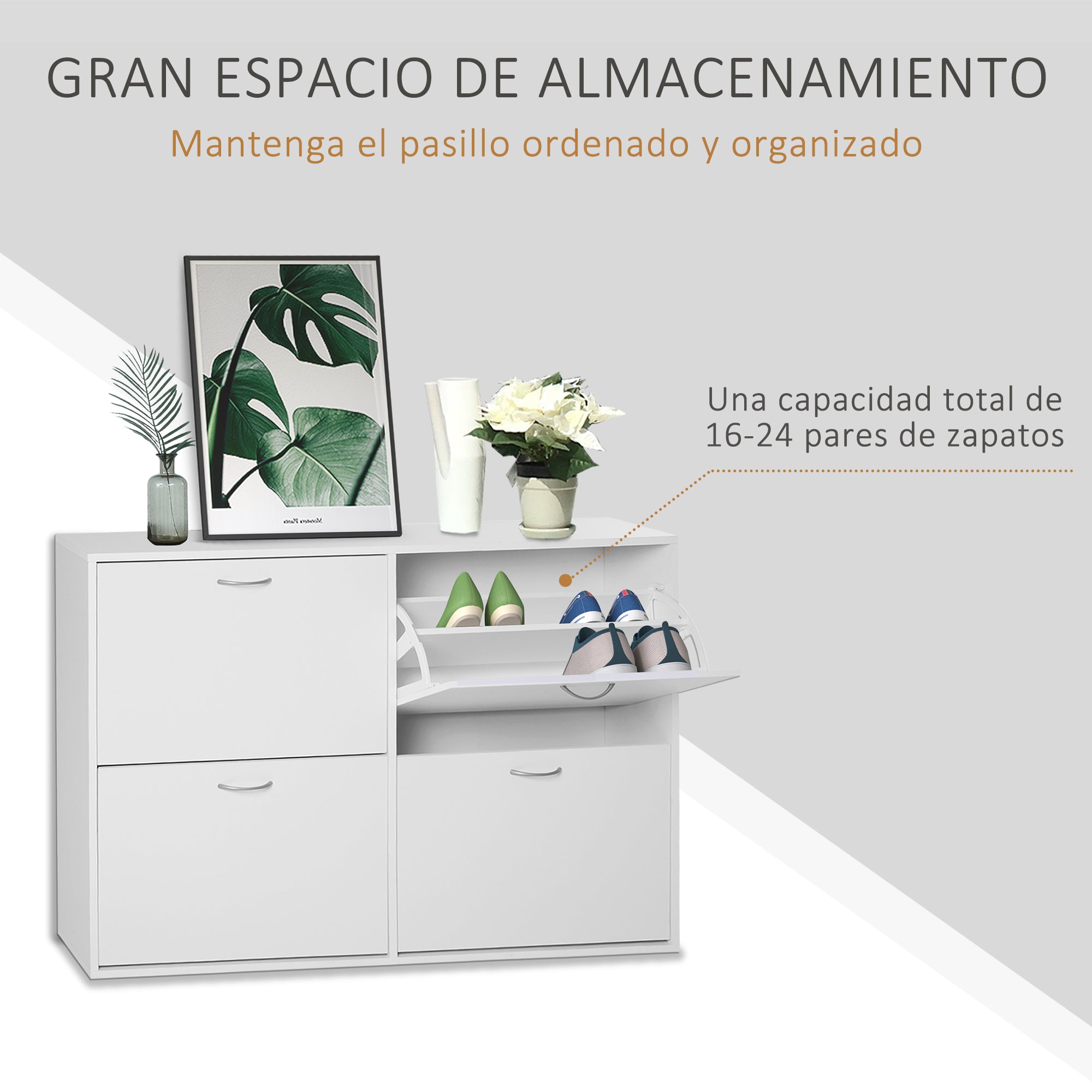 White Shoe Cabinet Modern Shoe Organizer with 4 Fold-Down Drawers and Adjustable Shelves for 16-24 Pairs of Shoes for Hallway Entryway 120x24x81 cm
