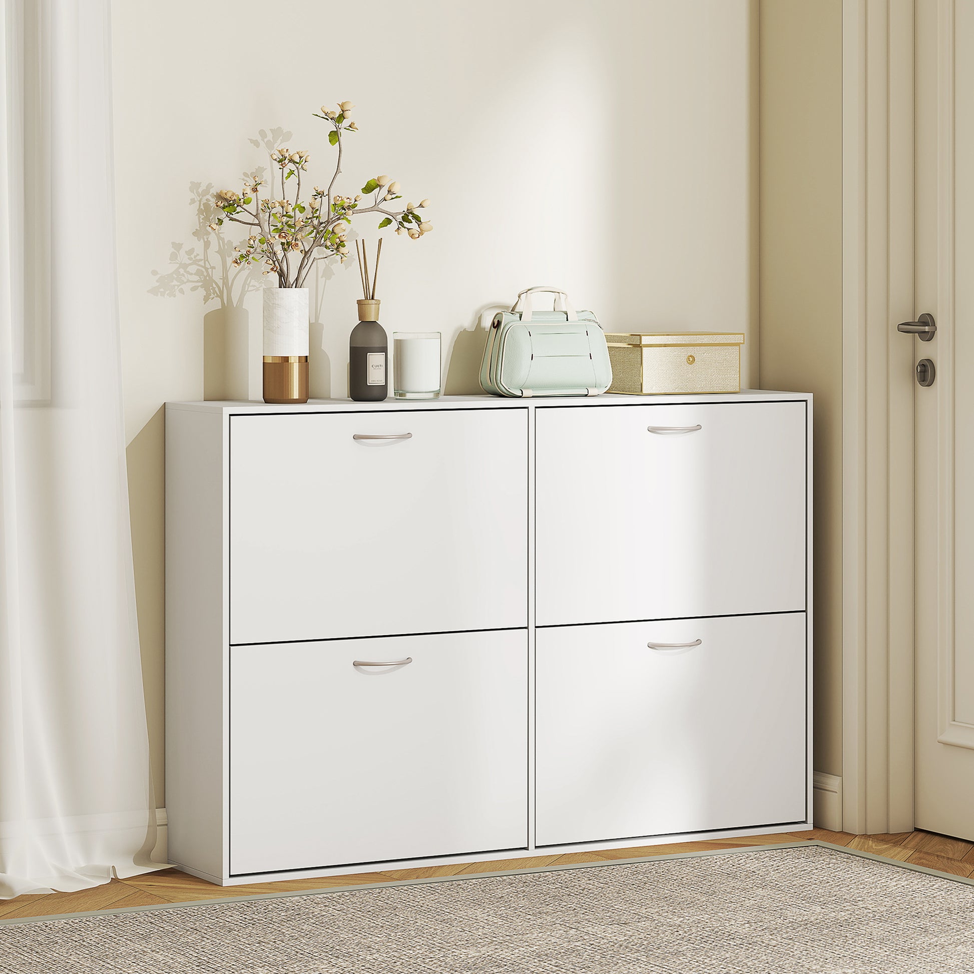 White Shoe Cabinet Modern Shoe Organizer with 4 Fold-Down Drawers and Adjustable Shelves for 16-24 Pairs of Shoes for Hallway Entryway 120x24x81 cm