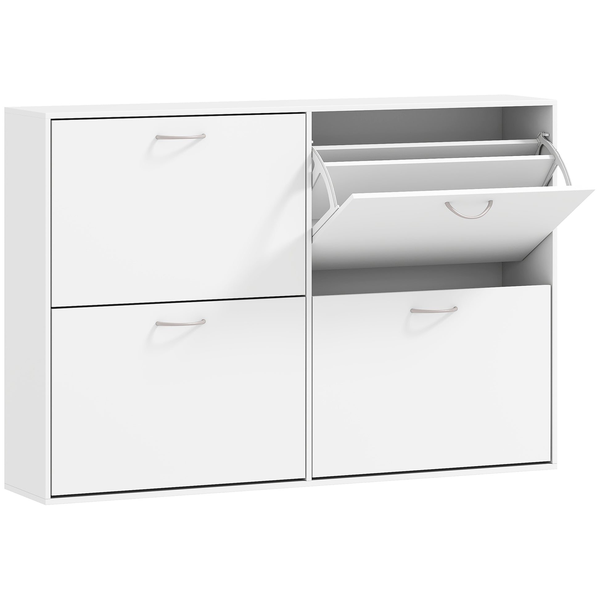 White Shoe Cabinet Modern Shoe Organizer with 4 Fold-Down Drawers and Adjustable Shelves for 16-24 Pairs of Shoes for Hallway Entryway 120x24x81 cm