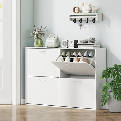 White Shoe Cabinet Modern Shoe Organizer with 4 Fold-Down Drawers and Adjustable Shelves for 16-24 Pairs of Shoes for Hallway Entryway 120x24x81 cm