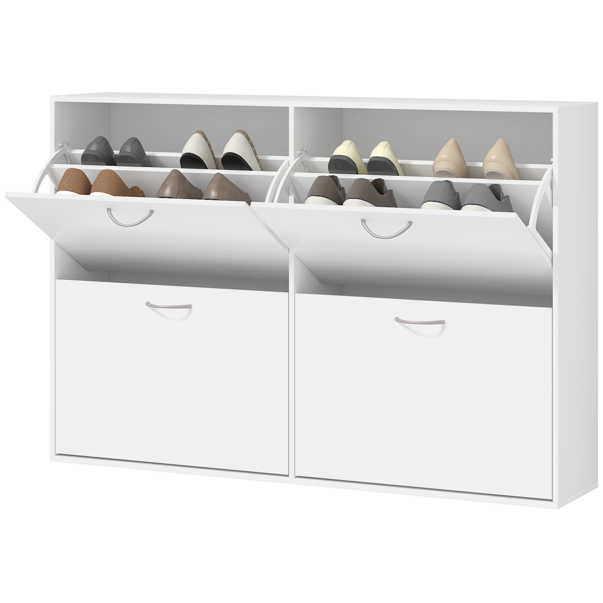 White Shoe Cabinet Modern Shoe Organizer with 4 Fold-Down Drawers and Adjustable Shelves for 16-24 Pairs of Shoes for Hallway Entryway 120x24x81 cm