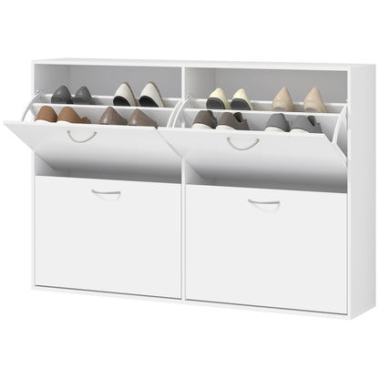 White Shoe Cabinet Modern Shoe Organizer with 4 Fold-Down Drawers and Adjustable Shelves for 16-24 Pairs of Shoes for Hallway Entryway 120x24x81 cm