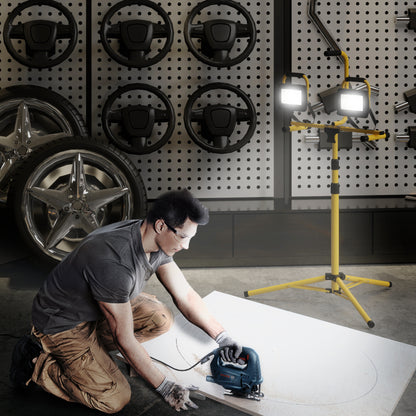 Double LED Aluminum Spotlight with Foldable Tripod 8500 Lumens IP65 6500K and Adjustable Heads for Indoor and Outdoor Work Yellow and Black