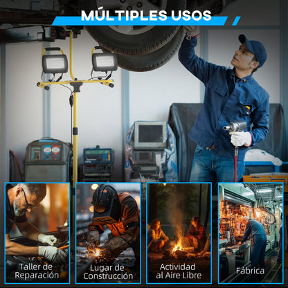 Double LED Aluminum Spotlight with Foldable Tripod 8500 Lumens IP65 6500K and Adjustable Heads for Indoor and Outdoor Work Yellow and Black