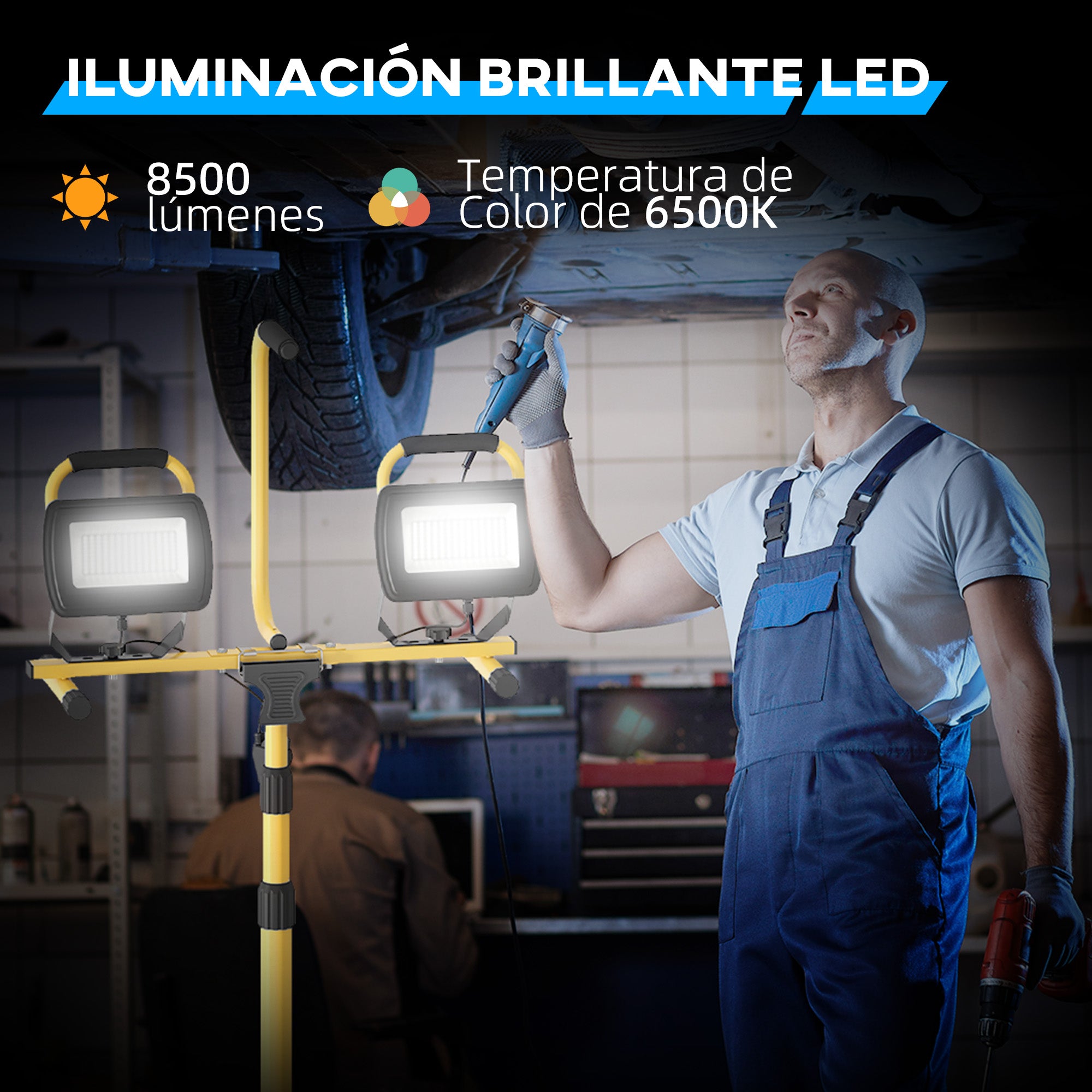 Double LED Aluminum Spotlight with Foldable Tripod 8500 Lumens IP65 6500K and Adjustable Heads for Indoor and Outdoor Work Yellow and Black