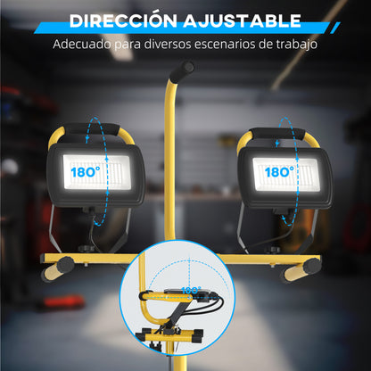Double LED Aluminum Spotlight with Foldable Tripod 8500 Lumens IP65 6500K and Adjustable Heads for Indoor and Outdoor Work Yellow and Black