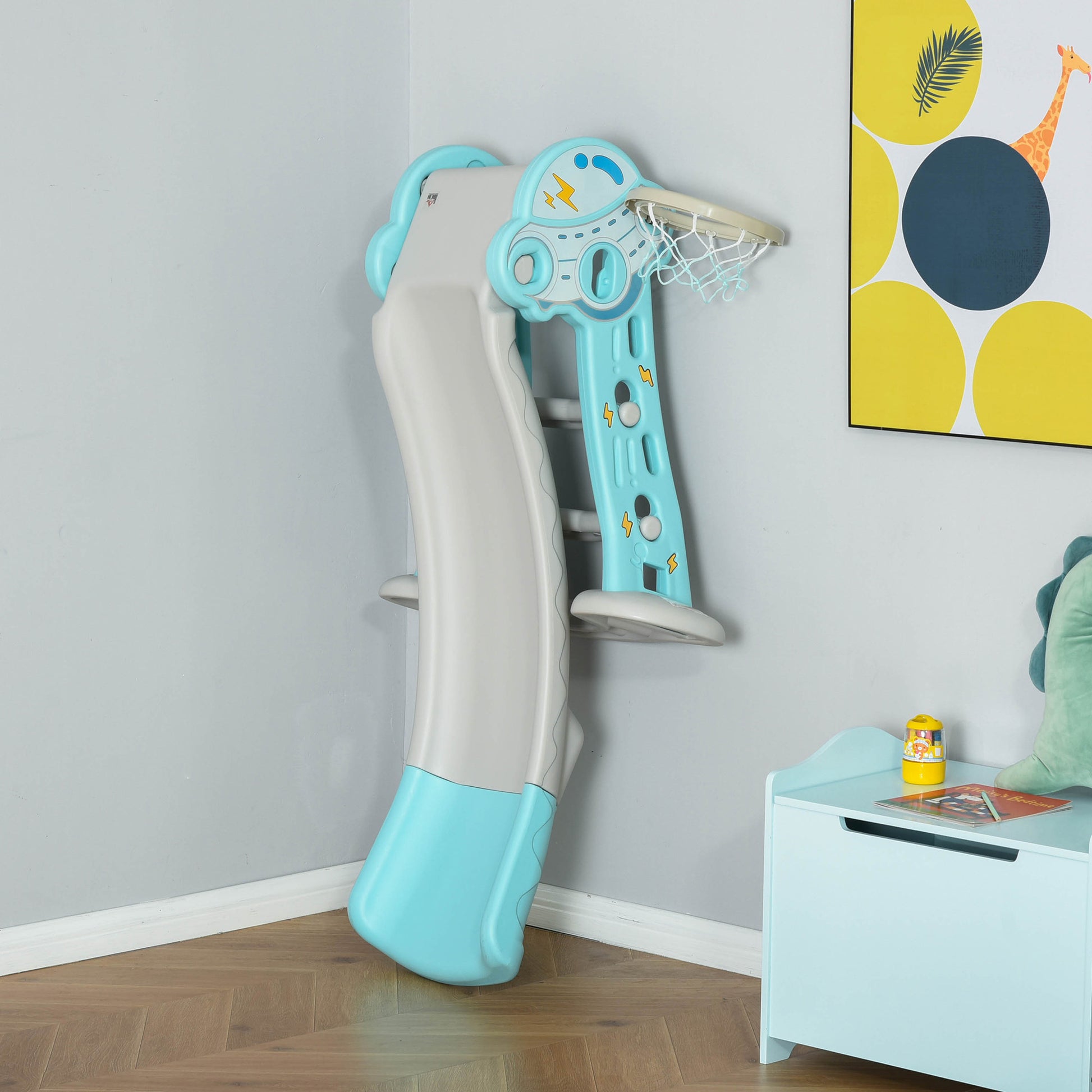 Kids Slide +18 Months Foldable 2 in 1 with Basketball Hoop Giraffe Model Children's Toy for Indoors and Outdoors 140x87x75 cm Blue and Gray
