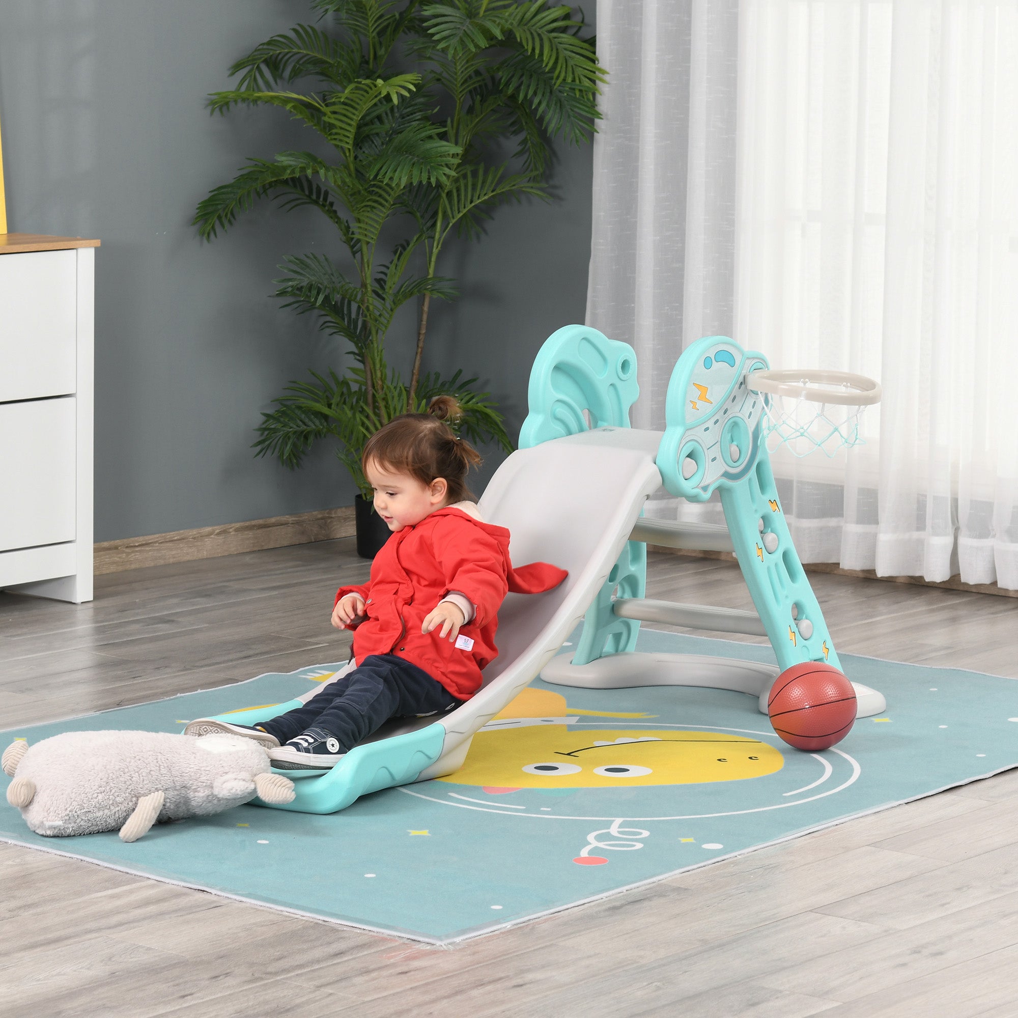 Kids Slide +18 Months Foldable 2 in 1 with Basketball Hoop Giraffe Model Children's Toy for Indoors and Outdoors 140x87x75 cm Blue and Gray