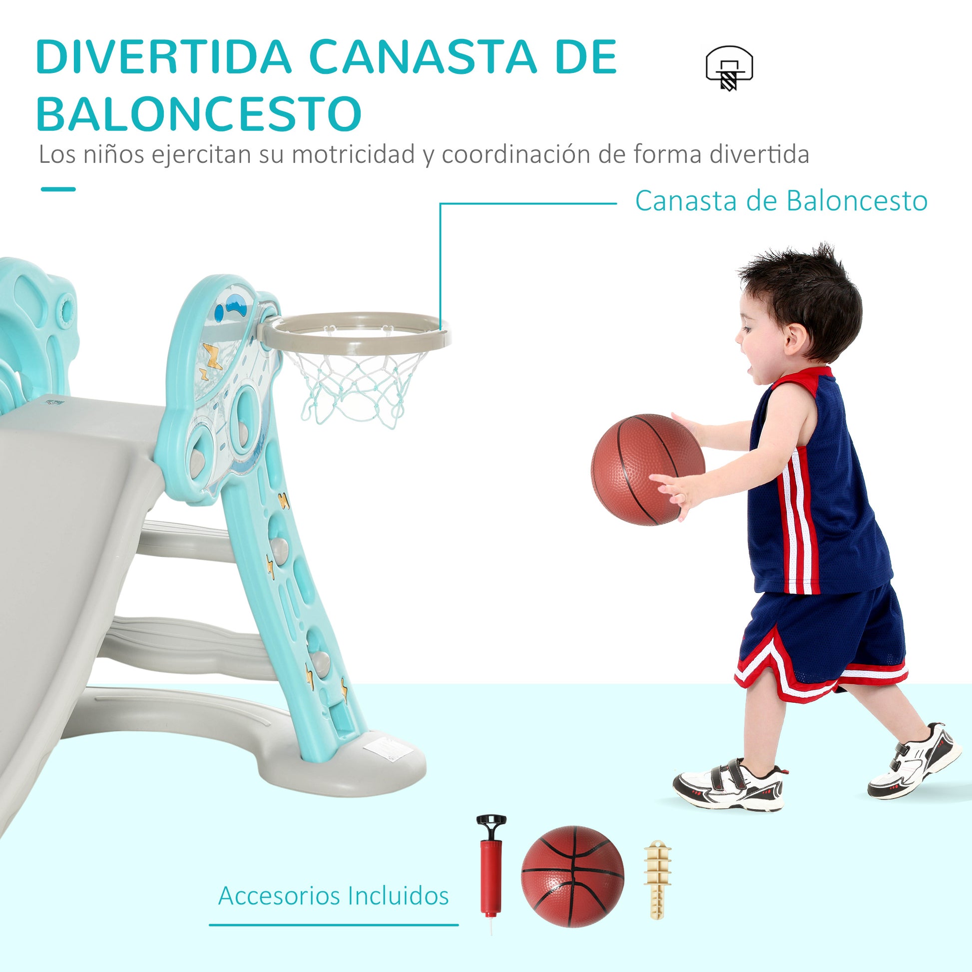 Kids Slide +18 Months Foldable 2 in 1 with Basketball Hoop Giraffe Model Children's Toy for Indoors and Outdoors 140x87x75 cm Blue and Gray