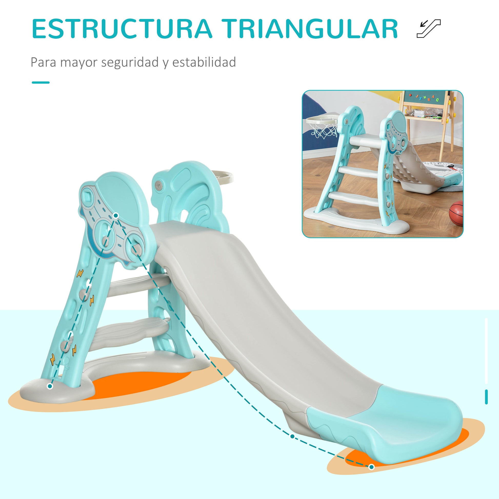 Kids Slide +18 Months Foldable 2 in 1 with Basketball Hoop Giraffe Model Children's Toy for Indoors and Outdoors 140x87x75 cm Blue and Gray
