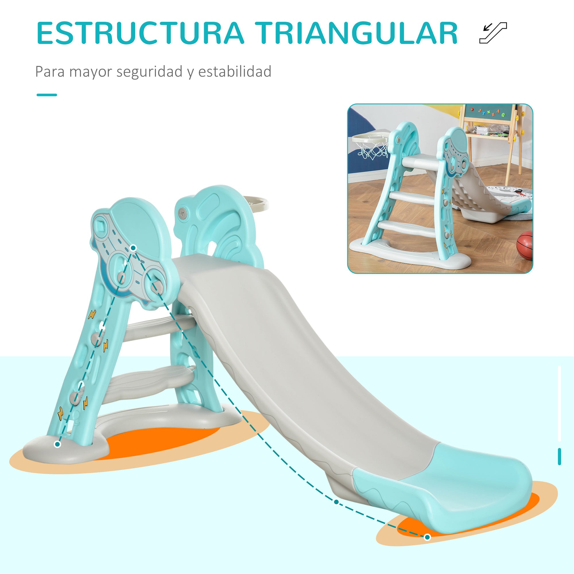 Kids Slide +18 Months Foldable 2 in 1 with Basketball Hoop Giraffe Model Children's Toy for Indoors and Outdoors 140x87x75 cm Blue and Gray