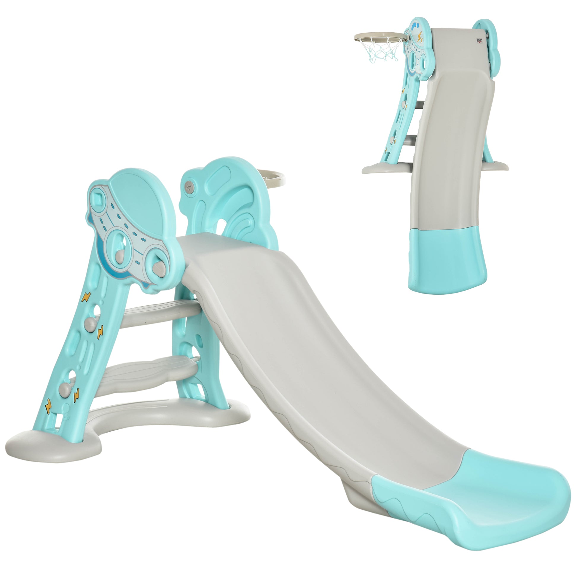 Kids Slide +18 Months Foldable 2 in 1 with Basketball Hoop Giraffe Model Children's Toy for Indoors and Outdoors 140x87x75 cm Blue and Gray