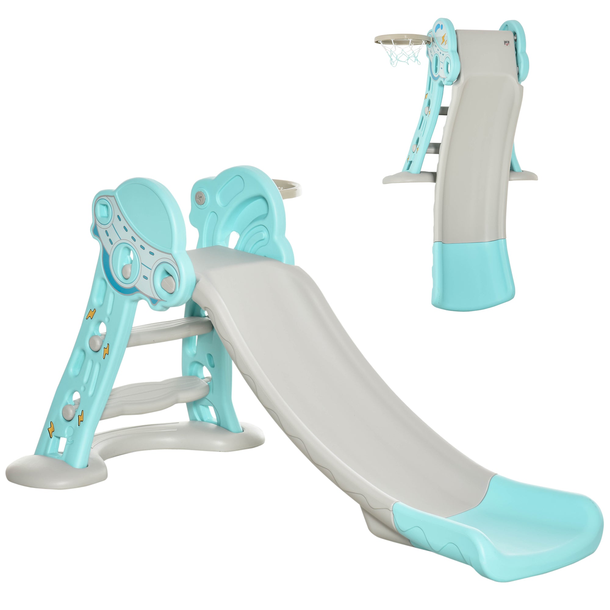 Kids Slide +18 Months Foldable 2 in 1 with Basketball Hoop Giraffe Model Children's Toy for Indoors and Outdoors 140x87x75 cm Blue and Gray