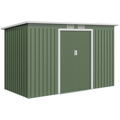 Metal Tool Shed 6.3m³ 280x130x172cm Storage Shed with Pent Roof Sliding Door Weatherproof Garden Shed Outdoor Garden Storage Cabinet for Backyard Outdoor Area Anthracite, Light Green