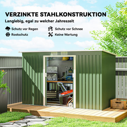 Metal Tool Shed 6.3m³ 280x130x172cm Storage Shed with Pent Roof Sliding Door Weatherproof Garden Shed Outdoor Garden Storage Cabinet for Backyard Outdoor Area Anthracite, Light Green