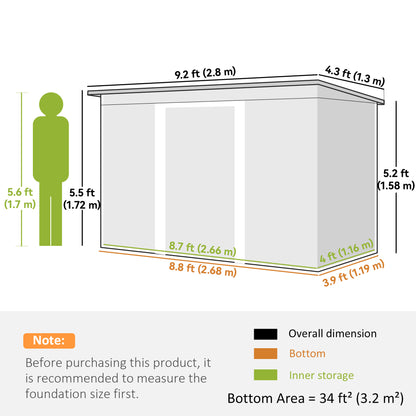 Metal Tool Shed 6.3m³ 280x130x172cm Storage Shed with Pent Roof Sliding Door Weatherproof Garden Shed Outdoor Garden Storage Cabinet for Backyard Outdoor Area Anthracite, Light Green