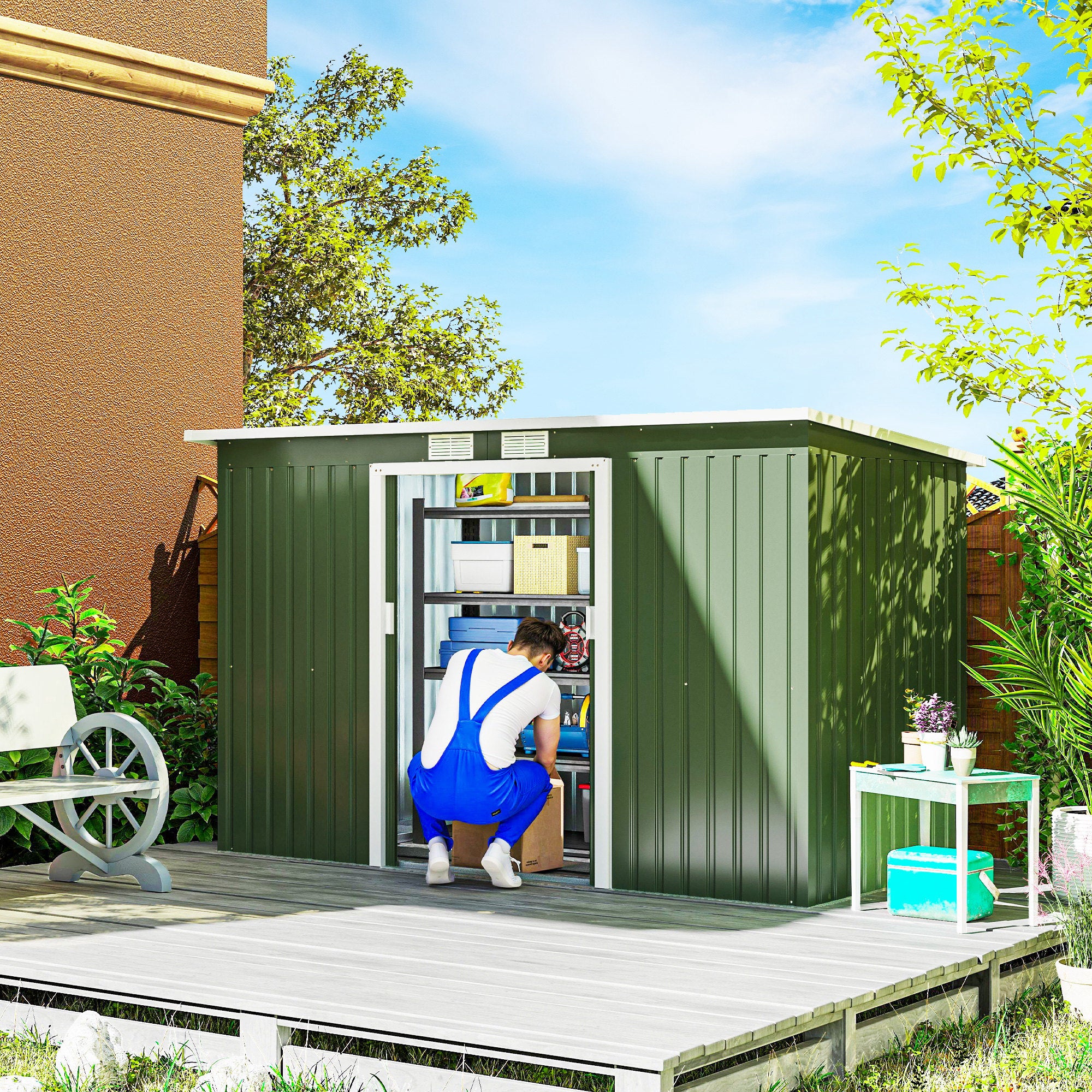 Metal Tool Shed 6.3m³ 280x130x172cm Storage Shed with Pent Roof Sliding Door Weatherproof Garden Shed Outdoor Garden Storage Cabinet for Backyard Outdoor Area Anthracite, Light Green