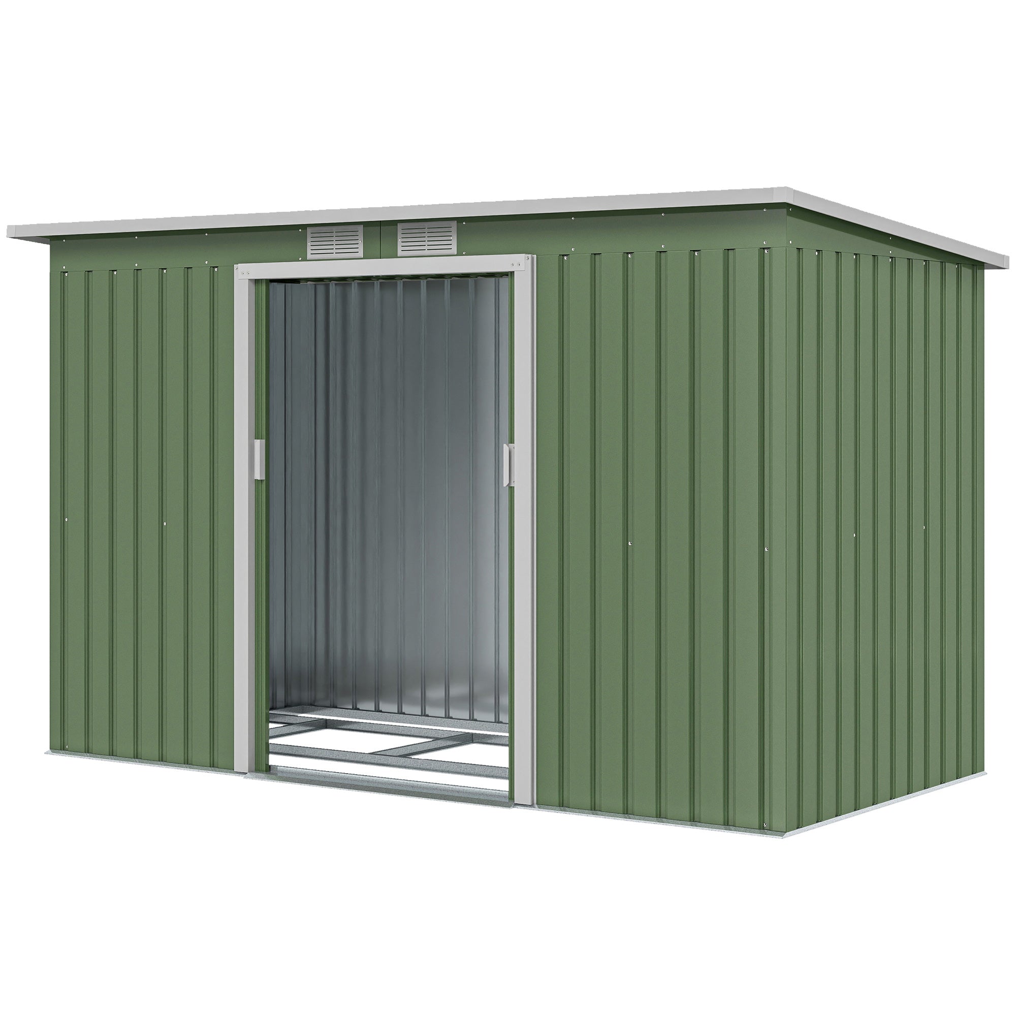 Metal Tool Shed 6.3m³ 280x130x172cm Storage Shed with Pent Roof Sliding Door Weatherproof Garden Shed Outdoor Garden Storage Cabinet for Backyard Outdoor Area Anthracite, Light Green
