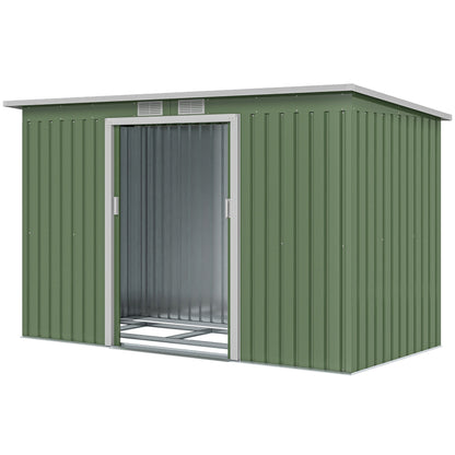 Metal Tool Shed 6.3m³ 280x130x172cm Storage Shed with Pent Roof Sliding Door Weatherproof Garden Shed Outdoor Garden Storage Cabinet for Backyard Outdoor Area Anthracite, Light Green