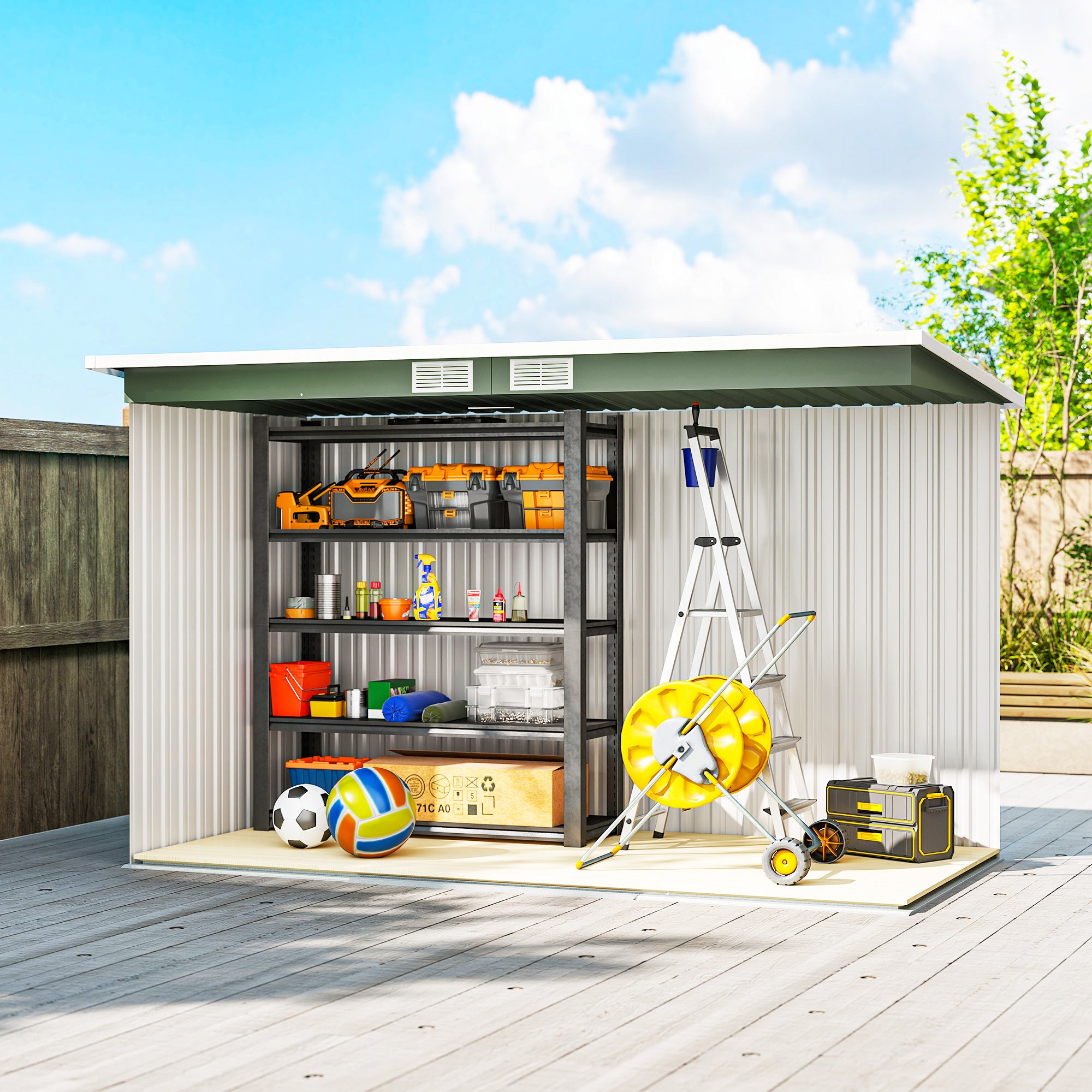 Metal Tool Shed 6.3m³ 280x130x172cm Storage Shed with Pent Roof Sliding Door Weatherproof Garden Shed Outdoor Garden Storage Cabinet for Backyard Outdoor Area Anthracite, Light Green