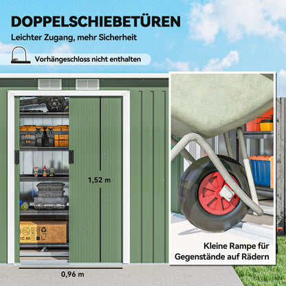 Metal Tool Shed 6.3m³ 280x130x172cm Storage Shed with Pent Roof Sliding Door Weatherproof Garden Shed Outdoor Garden Storage Cabinet for Backyard Outdoor Area Anthracite, Light Green