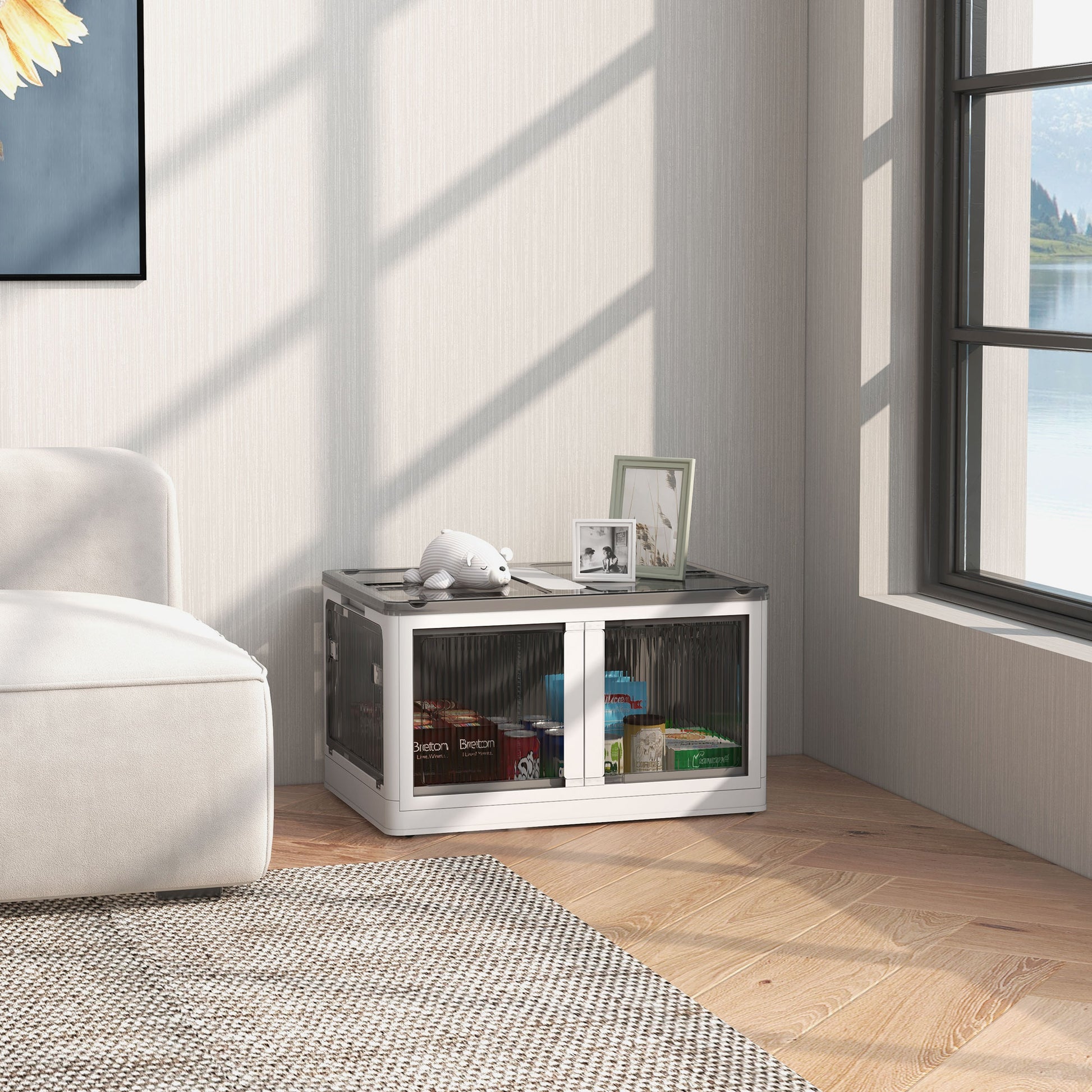 Plastic Storage Box with Wheels Foldable Crates Storage, Stackable Wardrobe Organizer for Toys, Clothes, Books White, 60cm x 42cm x 34cm